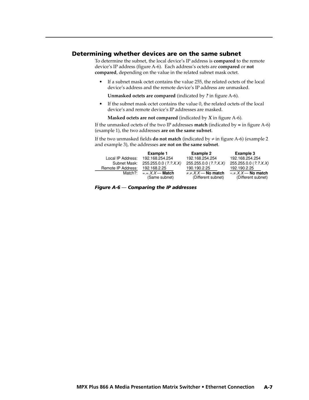 Extron electronic MPX Plus 866 A manual Determining whether devices are on the same subnet 