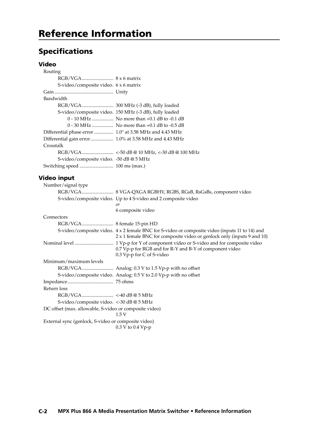 Extron electronic MPX Plus 866 A manual Reference Information, Specifications 