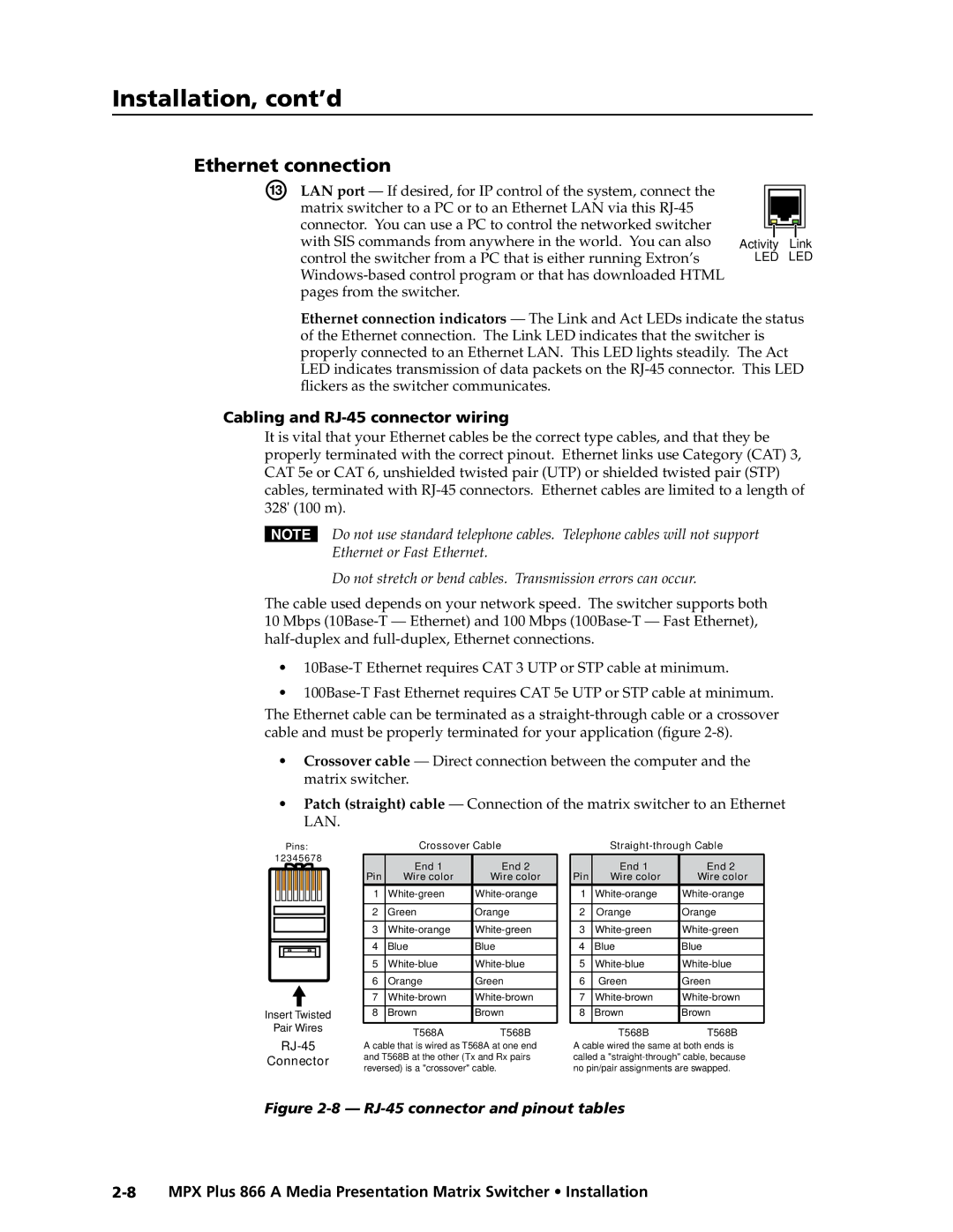 Extron electronic MPX Plus 866 A manual Ethernet connection, Cabling and RJ-45 connector wiring 