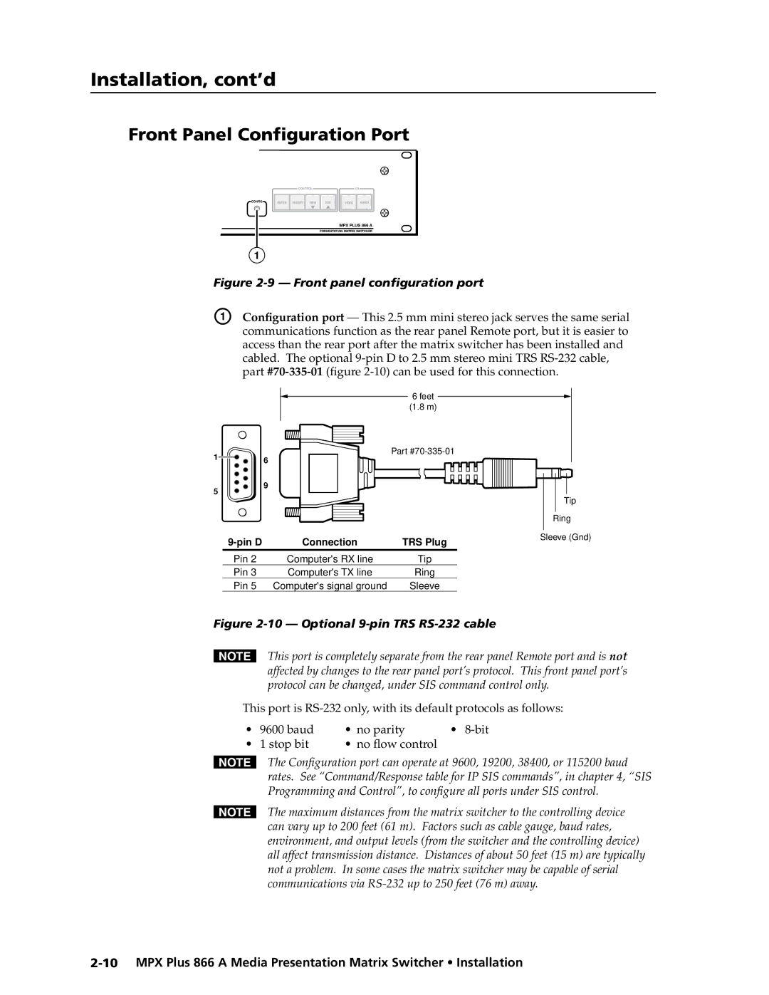 Extron electronic MPX Plus 866 A manual Front Panel Configuration Port, Part #70-335-01 -10 can be used for this connection 