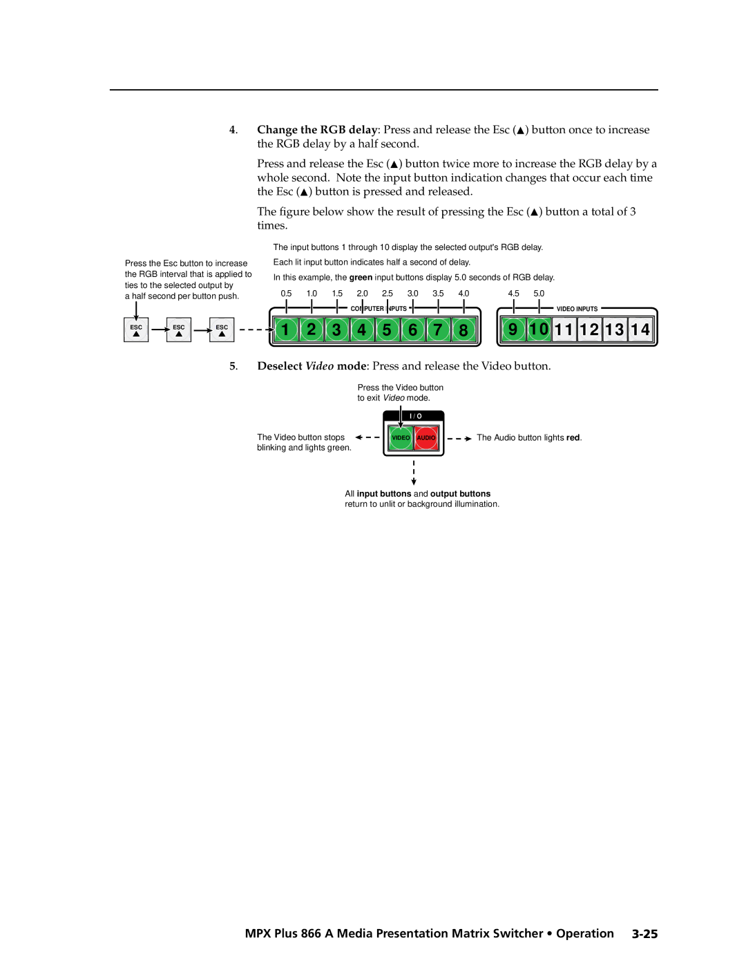 Extron electronic MPX Plus 866 A manual RGB delay by a half second, Deselect Video mode Press and release the Video button 