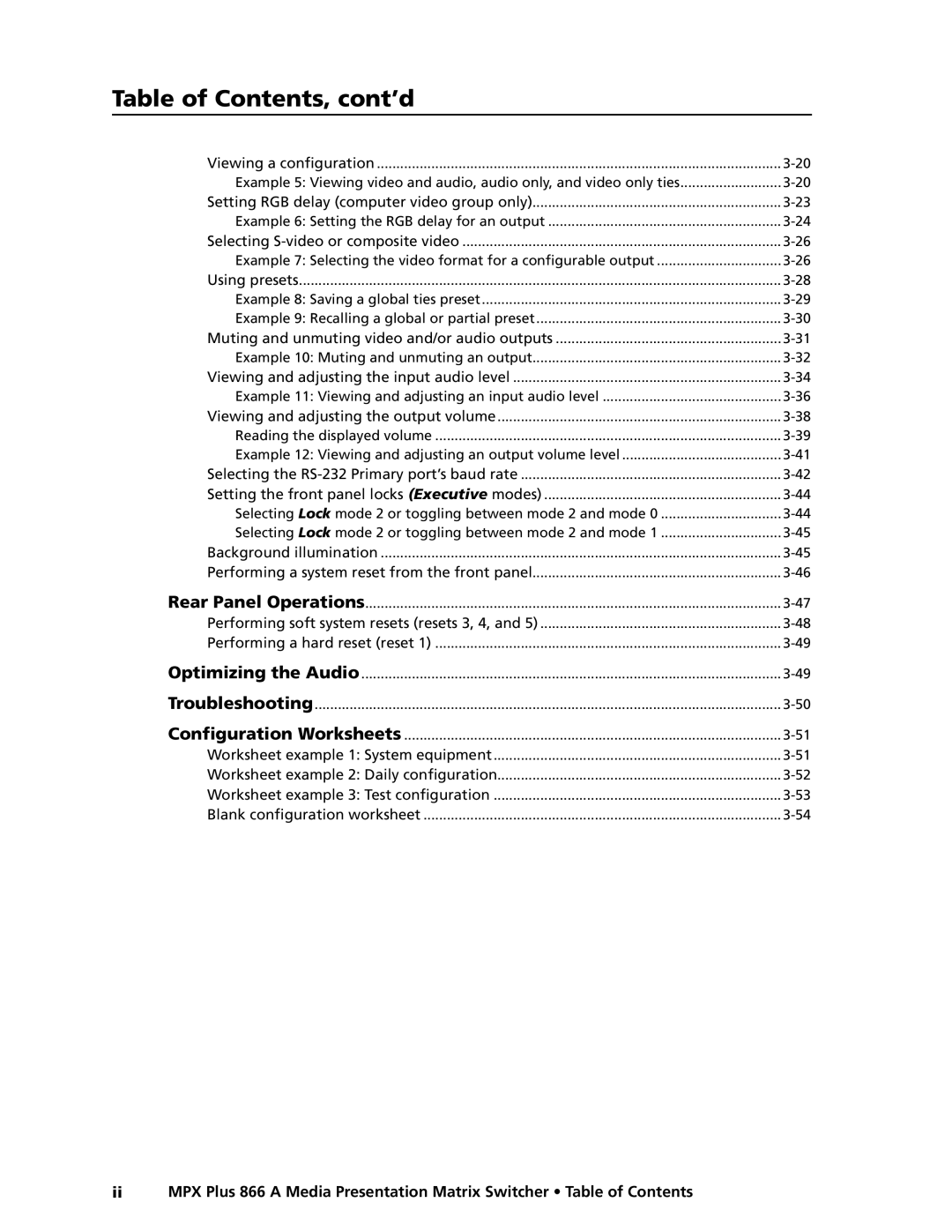 Extron electronic MPX Plus 866 A manual Table of Contents, cont’d 