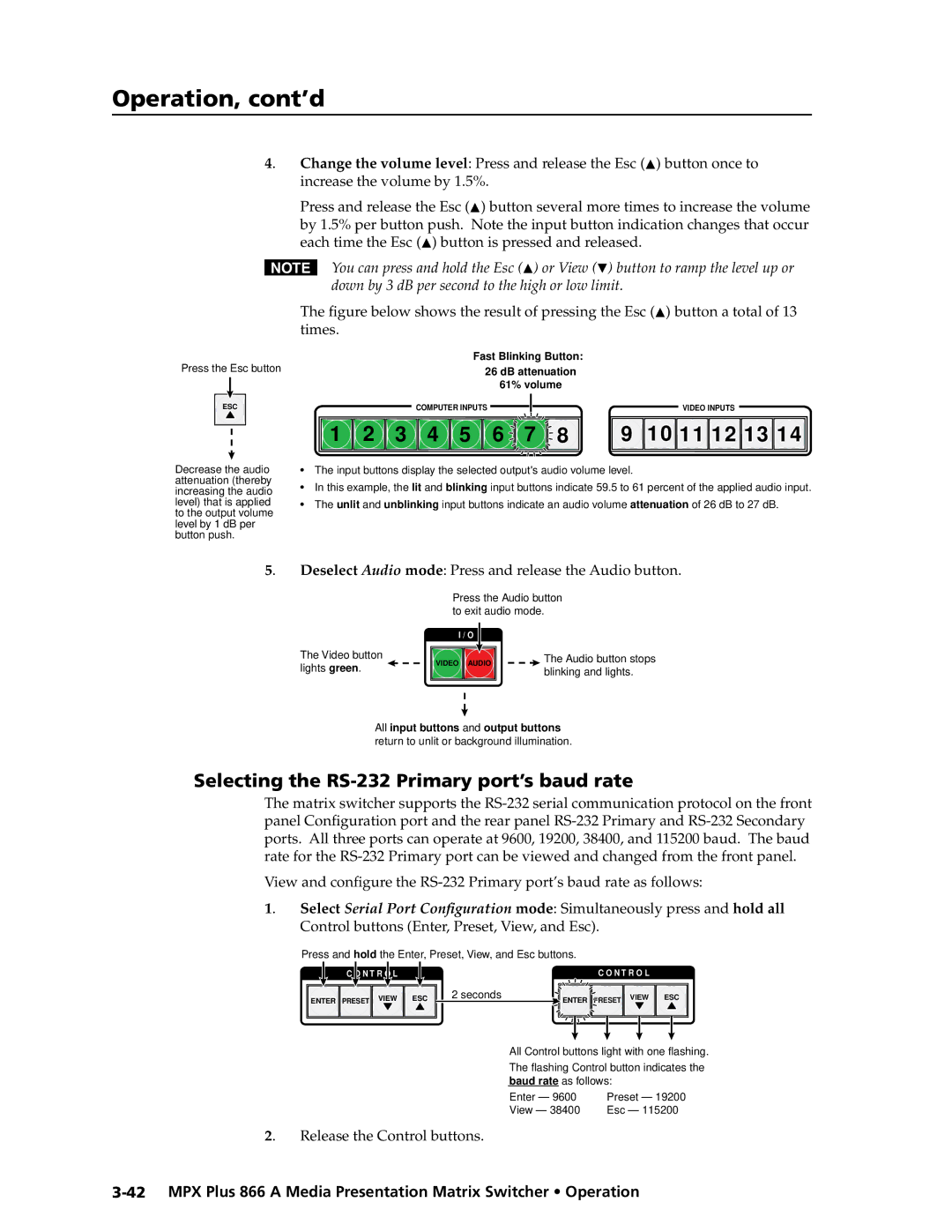 Extron electronic MPX Plus 866 A manual Selecting the RS-232 Primary port’s baud rate 