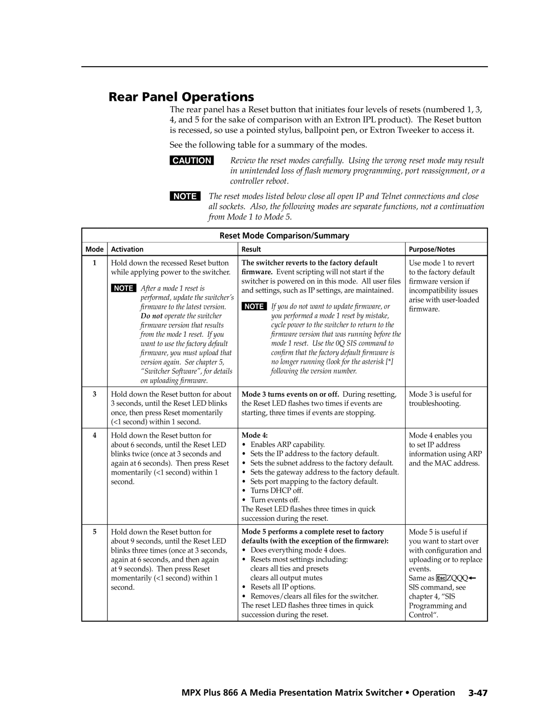 Extron electronic MPX Plus 866 A manual Rear Panel Operations, Reset Mode Comparison/Summary 