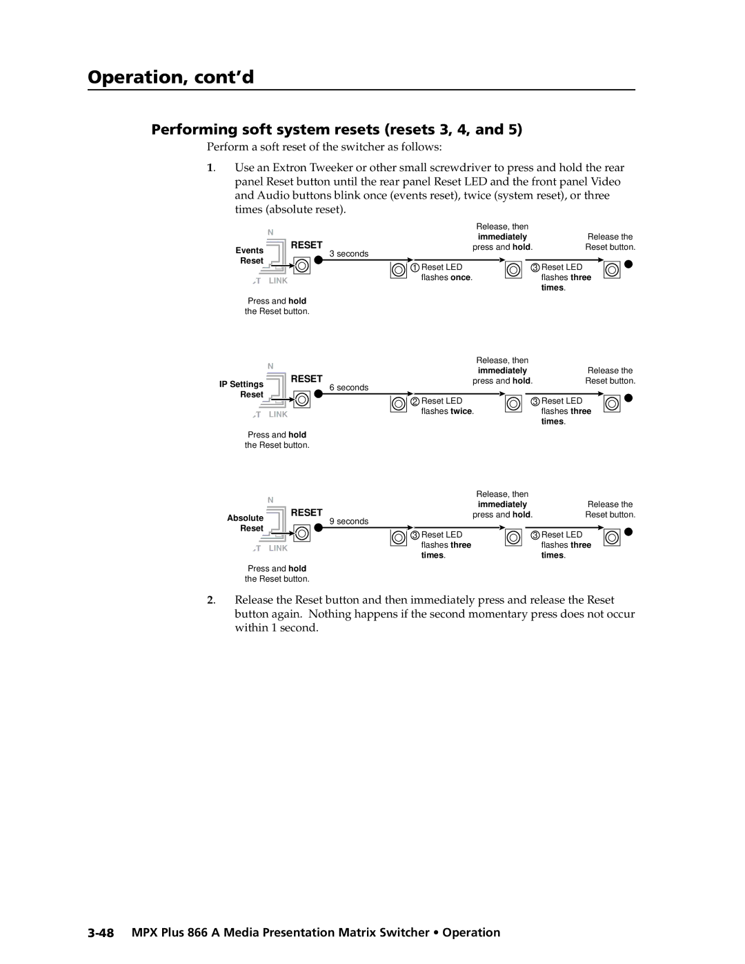 Extron electronic MPX Plus 866 A manual Performing soft system resets resets 3, 4, Within 1 second 