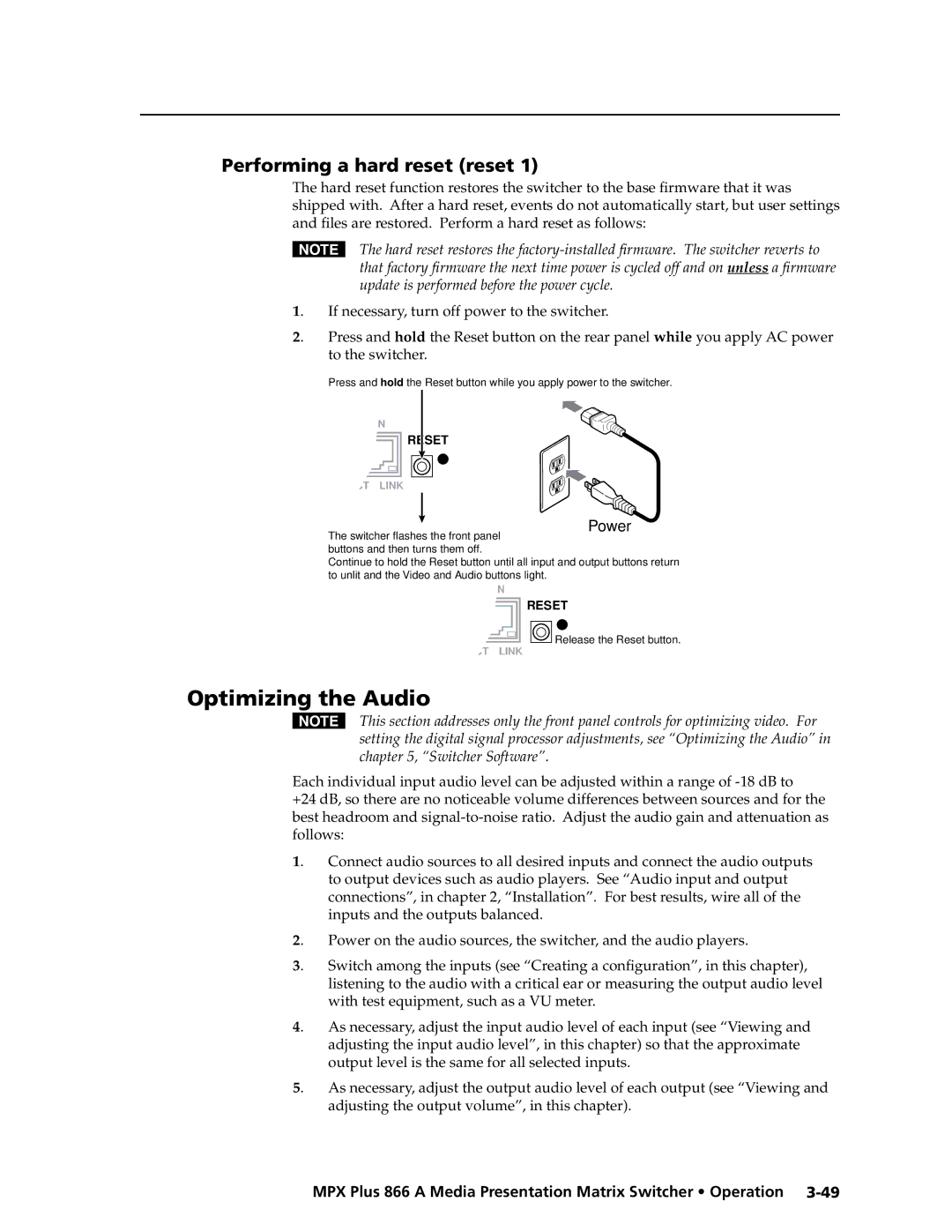 Extron electronic MPX Plus 866 A manual Optimizing the Audio, Performing a hard reset reset, To the switcher 