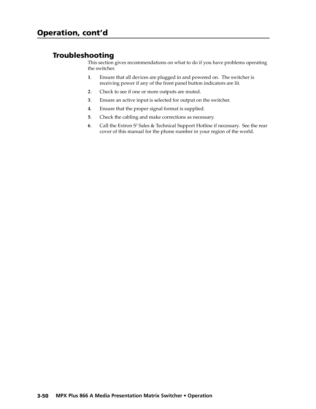 Extron electronic MPX Plus 866 A manual Troubleshooting 