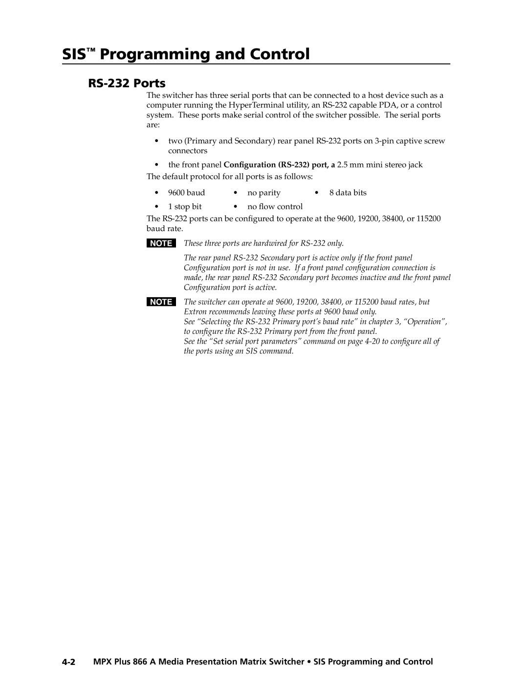 Extron electronic MPX Plus 866 A manual RS-232 Ports, Default protocol for all ports is as follows 