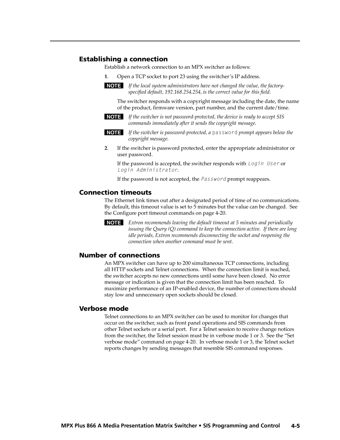 Extron electronic MPX Plus 866 A manual Establishing a connection, Connection timeouts, Number of connections, Verbose mode 