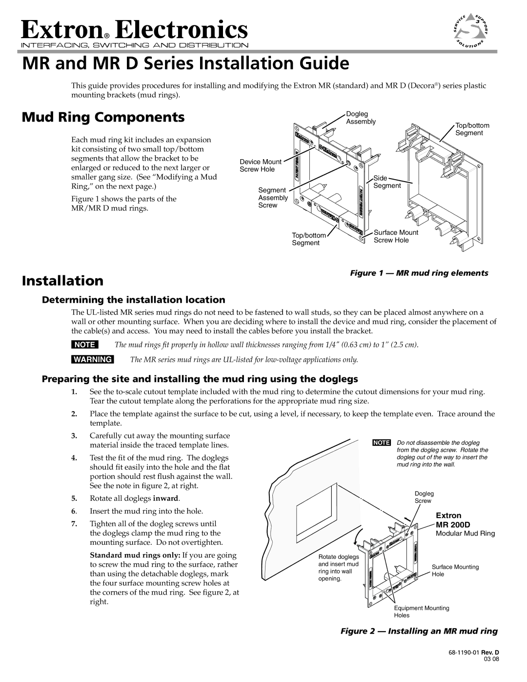 Extron electronic MR Series dimensions MR and MR D Series Installation Guide, Mud Ring Components, Extron MR 200D 