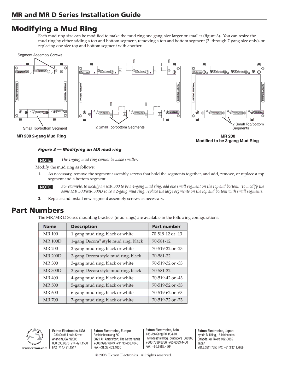 Extron electronic MR D Series, MR Series dimensions Modifying a Mud Ring, Part Numbers, Name Description Part number 