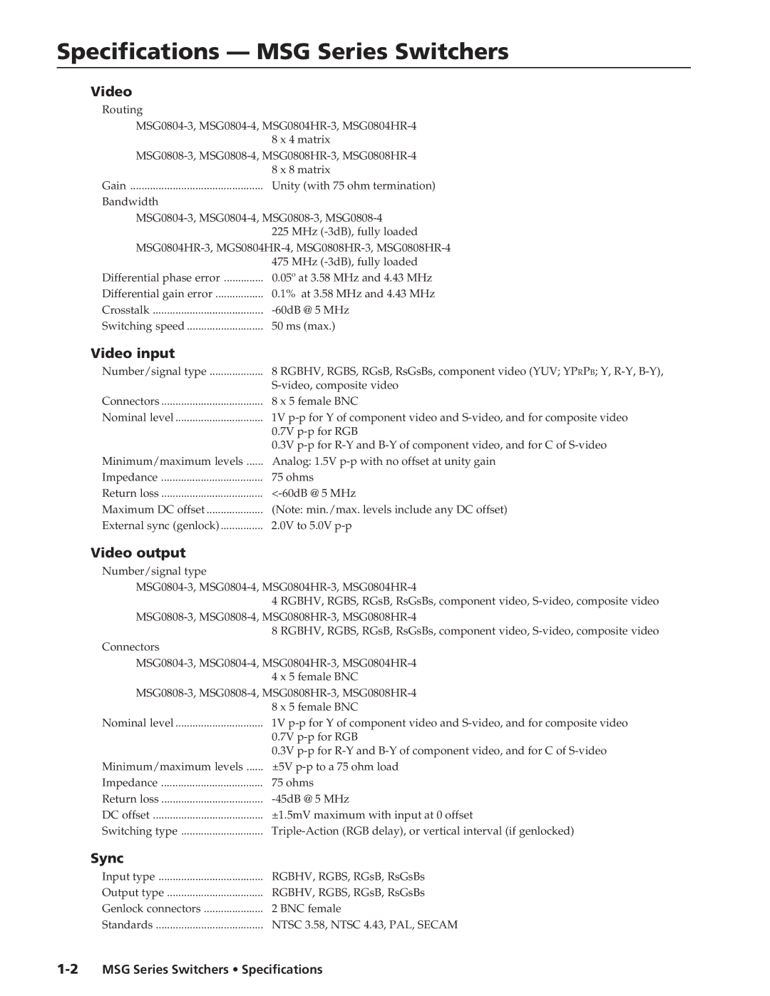 Extron electronic MSG Series specifications Video input, Sync 