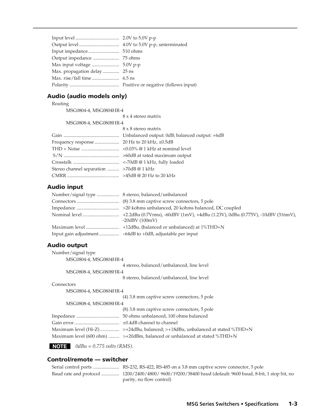 Extron electronic MSG Series specifications Audio audio models only, Audio input, Control/remote switcher 