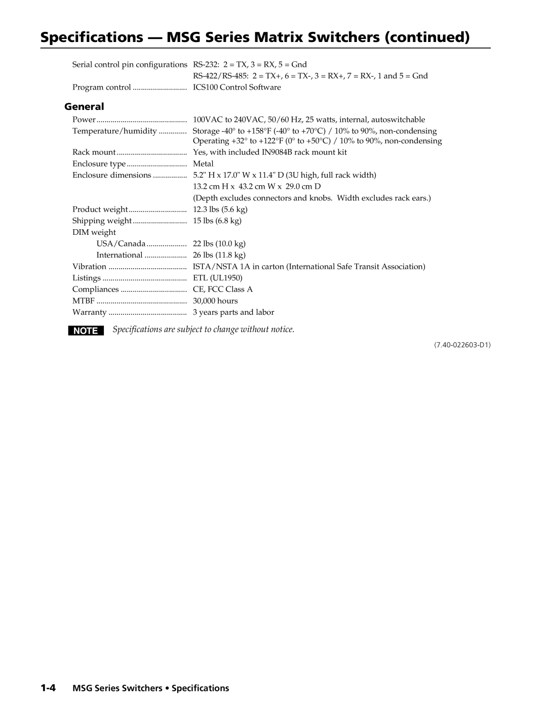 Extron electronic specifications Specifications MSG Series Matrix Switchers, General 