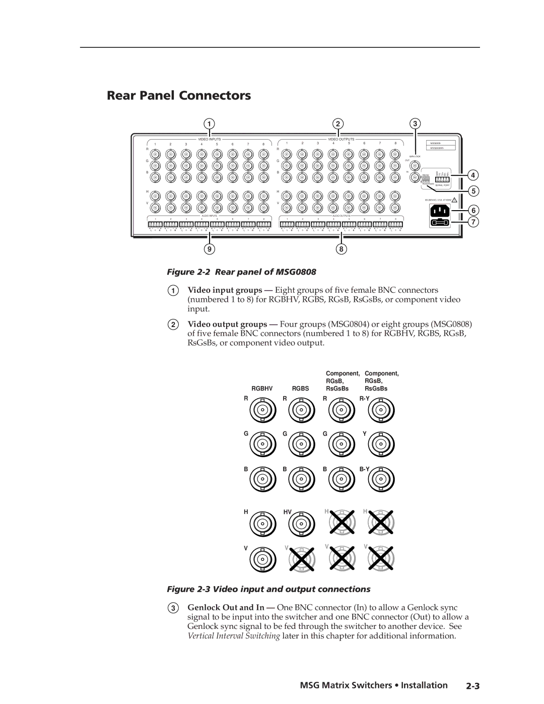 Extron electronic MSG0804, MSG0808 manual Rear Panel Connectors, Video Inputs Video Outputs 