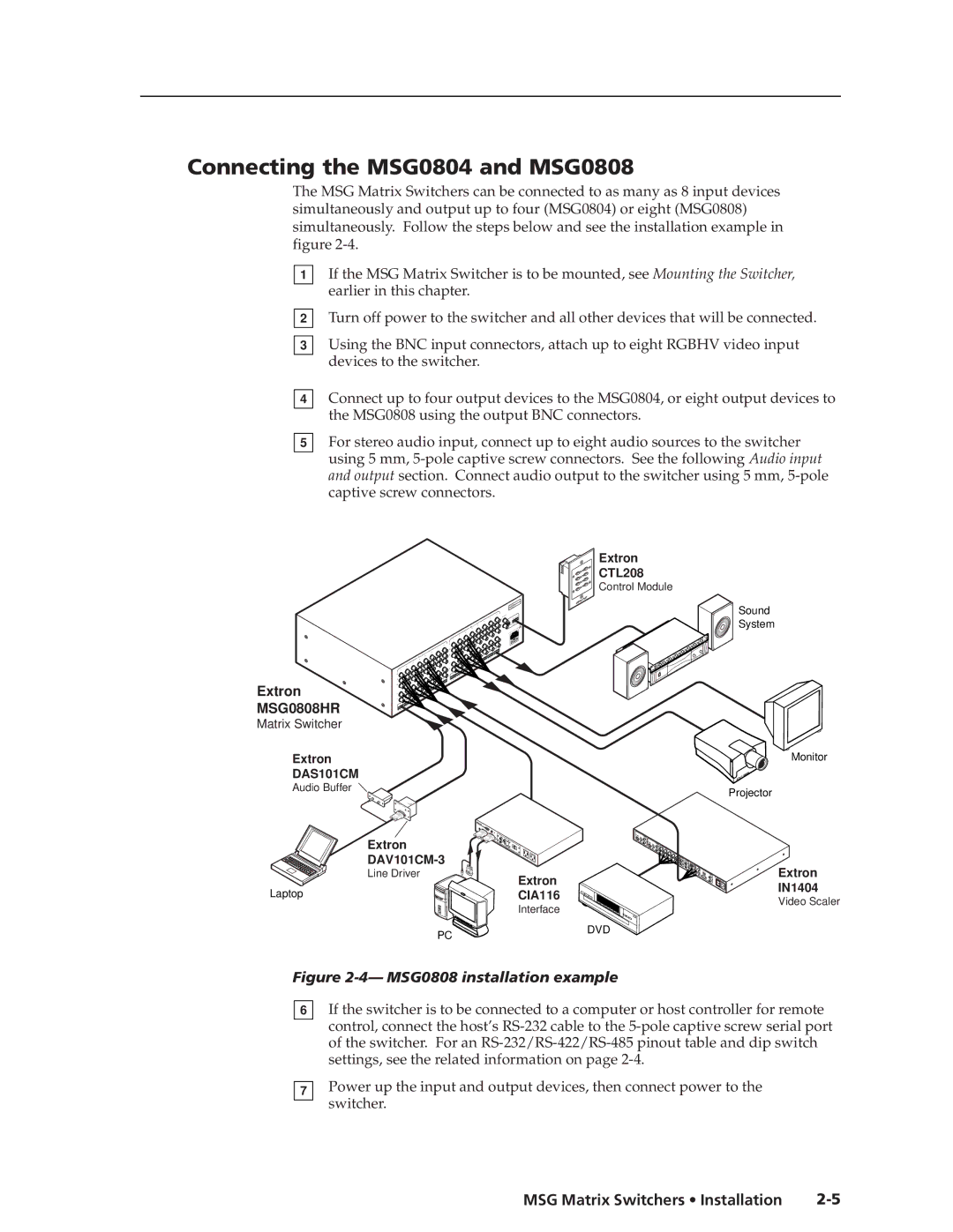 Extron electronic manual Connecting the MSG0804 and MSG0808, MSG0808 installation example 