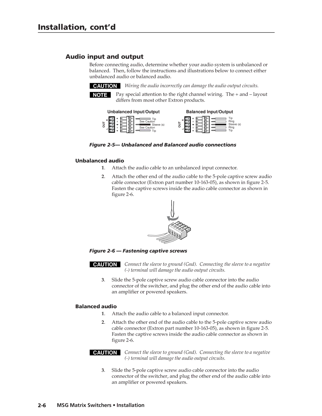 Extron electronic MSG0808, MSG0804 manual Installation, cont’d, Audio input and output, Unbalanced audio, Balanced audio 