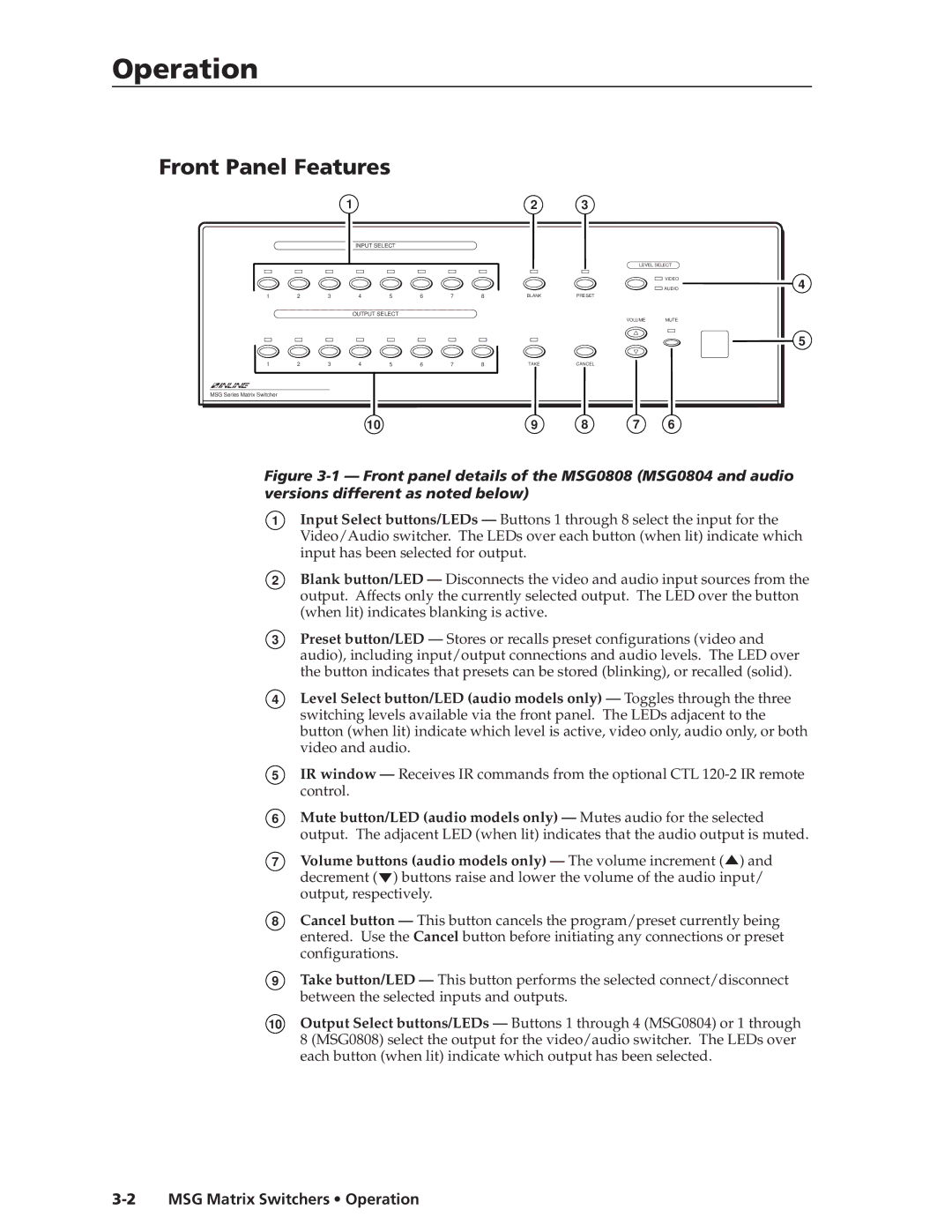 Extron electronic MSG0808, MSG0804 manual Front Panel Features, MSG Matrix Switchers Operation 