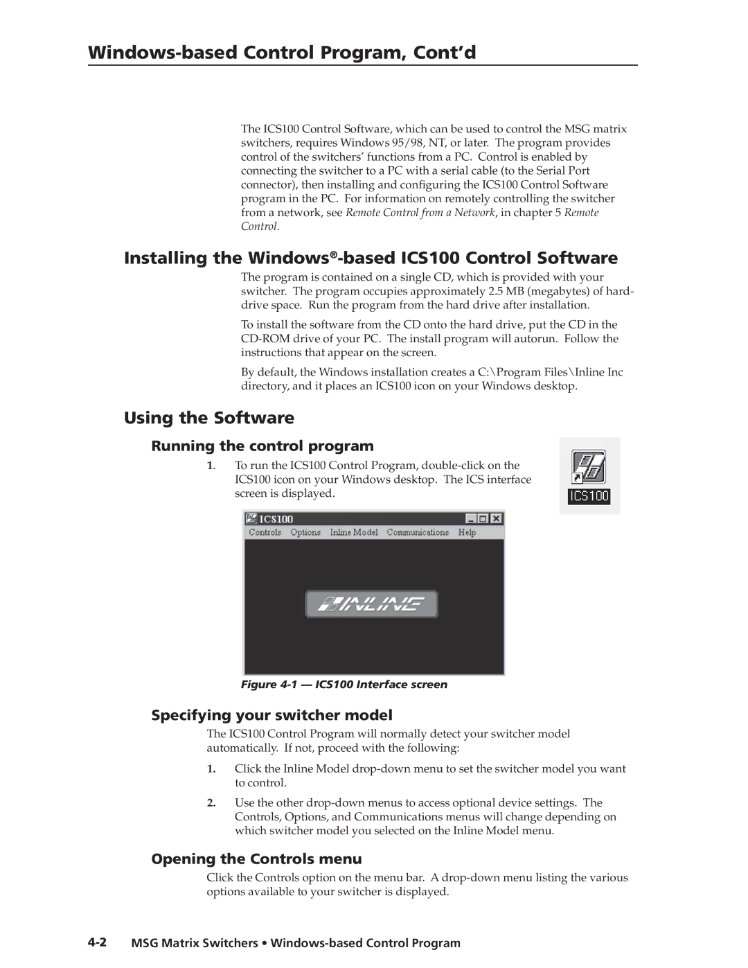 Extron electronic MSG0808 Windows-based Control Program, Cont’d, Installing the Windows-based ICS100 Control Software 