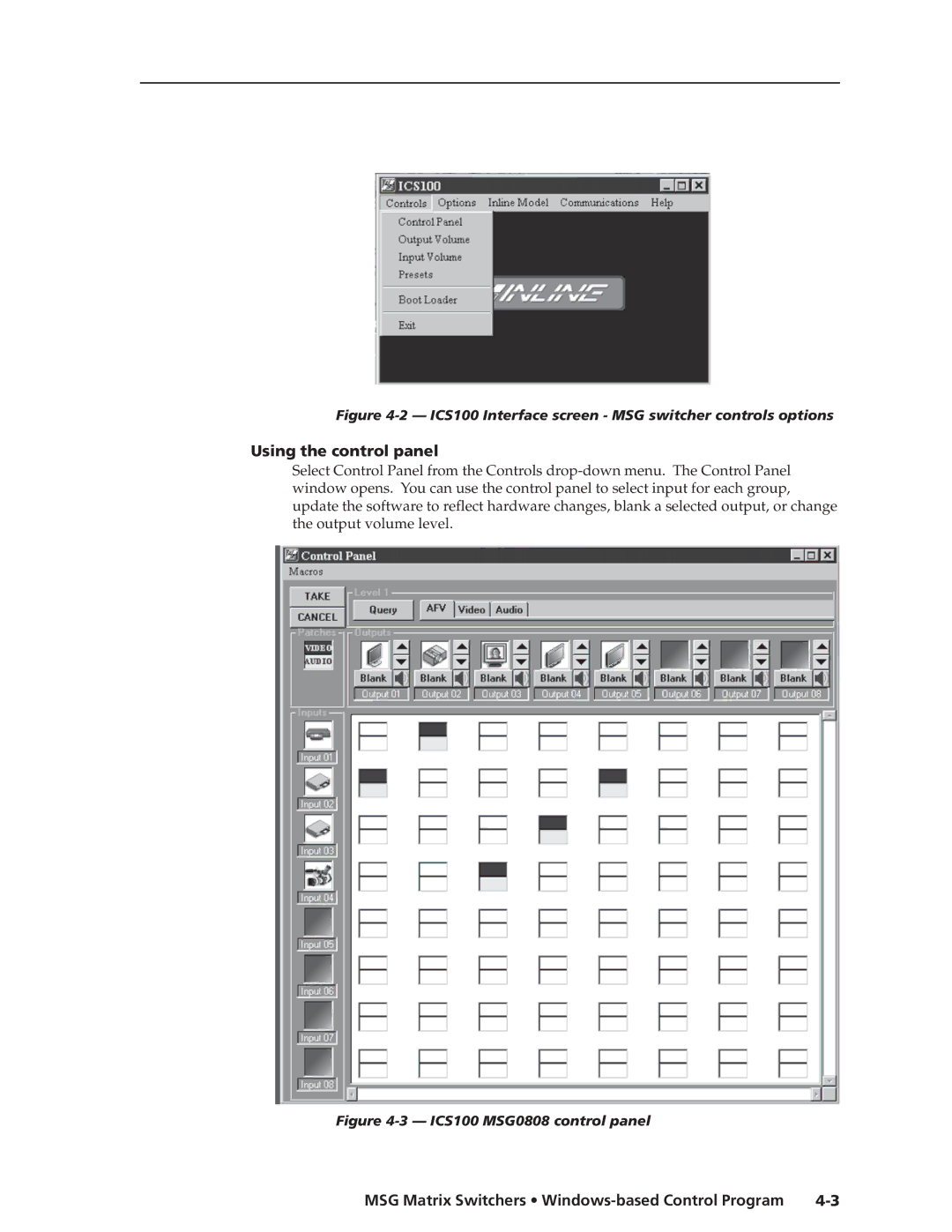 Extron electronic MSG0804, MSG0808 manual Using the control panel, ICS100 Interface screen MSG switcher controls options 