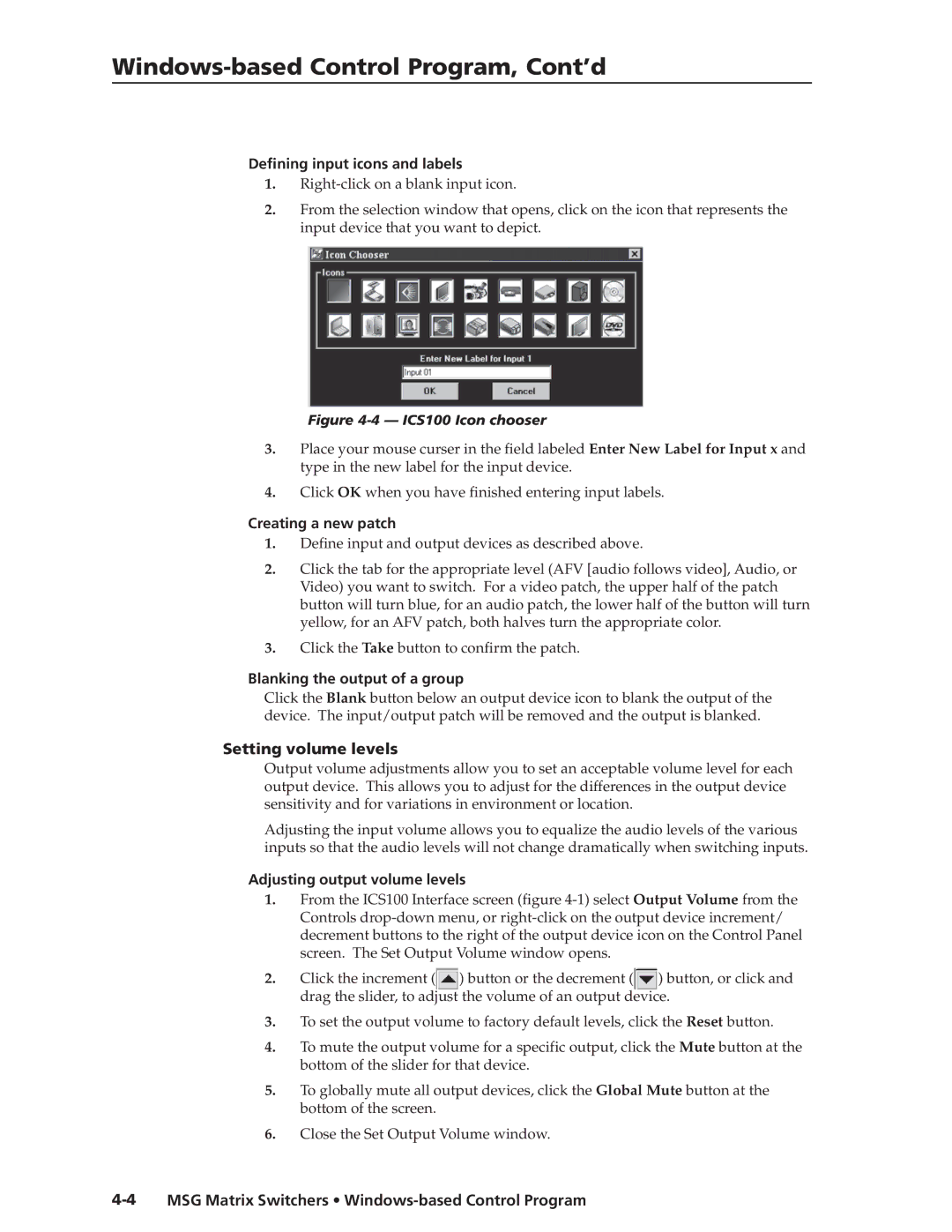 Extron electronic MSG0808, MSG0804 Defining input icons and labels, Creating a new patch, Blanking the output of a group 