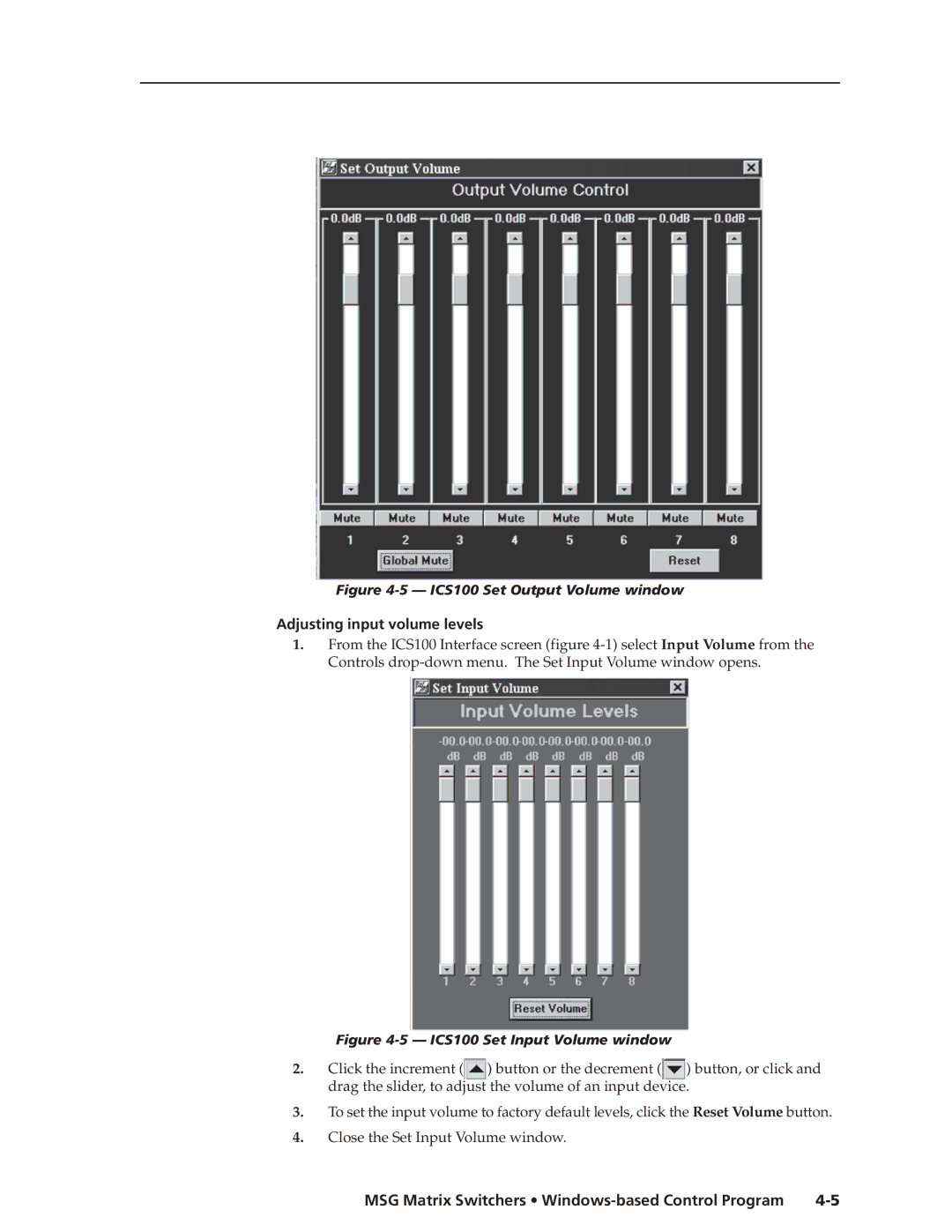 Extron electronic MSG0804, MSG0808 manual Adjusting input volume levels, ICS100 Set Output Volume window 