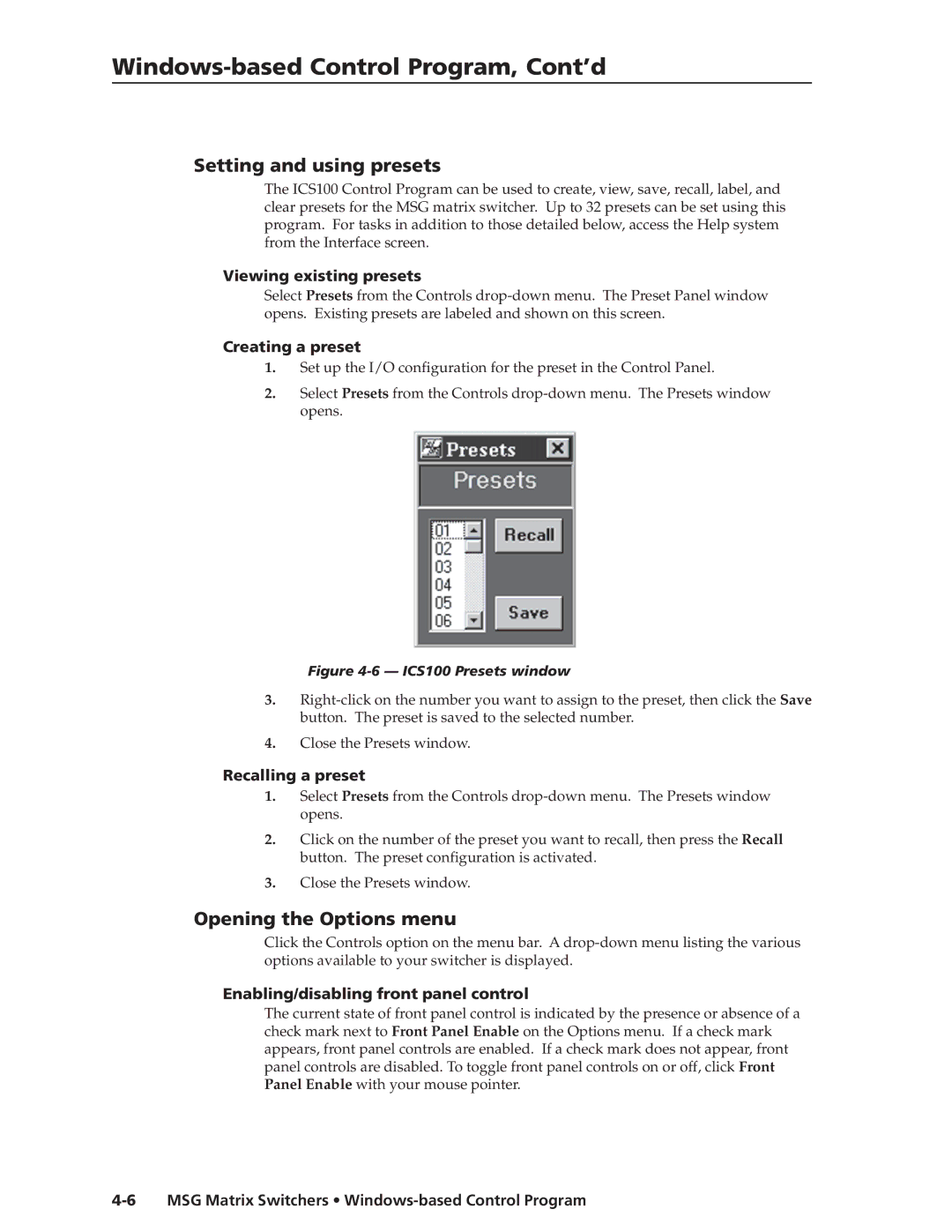 Extron electronic MSG0808, MSG0804 manual Setting and using presets, Opening the Options menu 