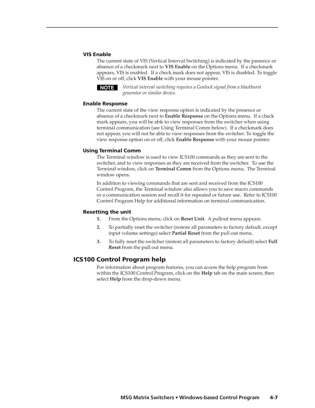Extron electronic MSG0804, MSG0808 manual ICS100 Control Program help, VIS Enable, Enable Response, Using Terminal Comm 