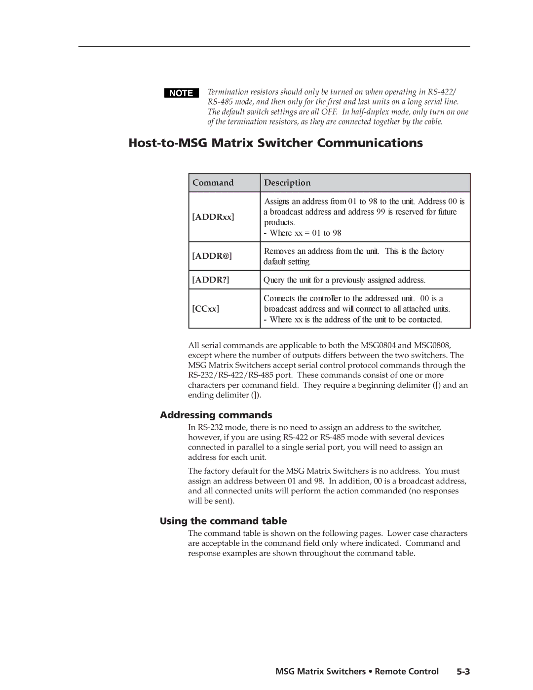 Extron electronic MSG0804 manual Host-to-MSG Matrix Switcher Communications, Addressing commands, Using the command table 