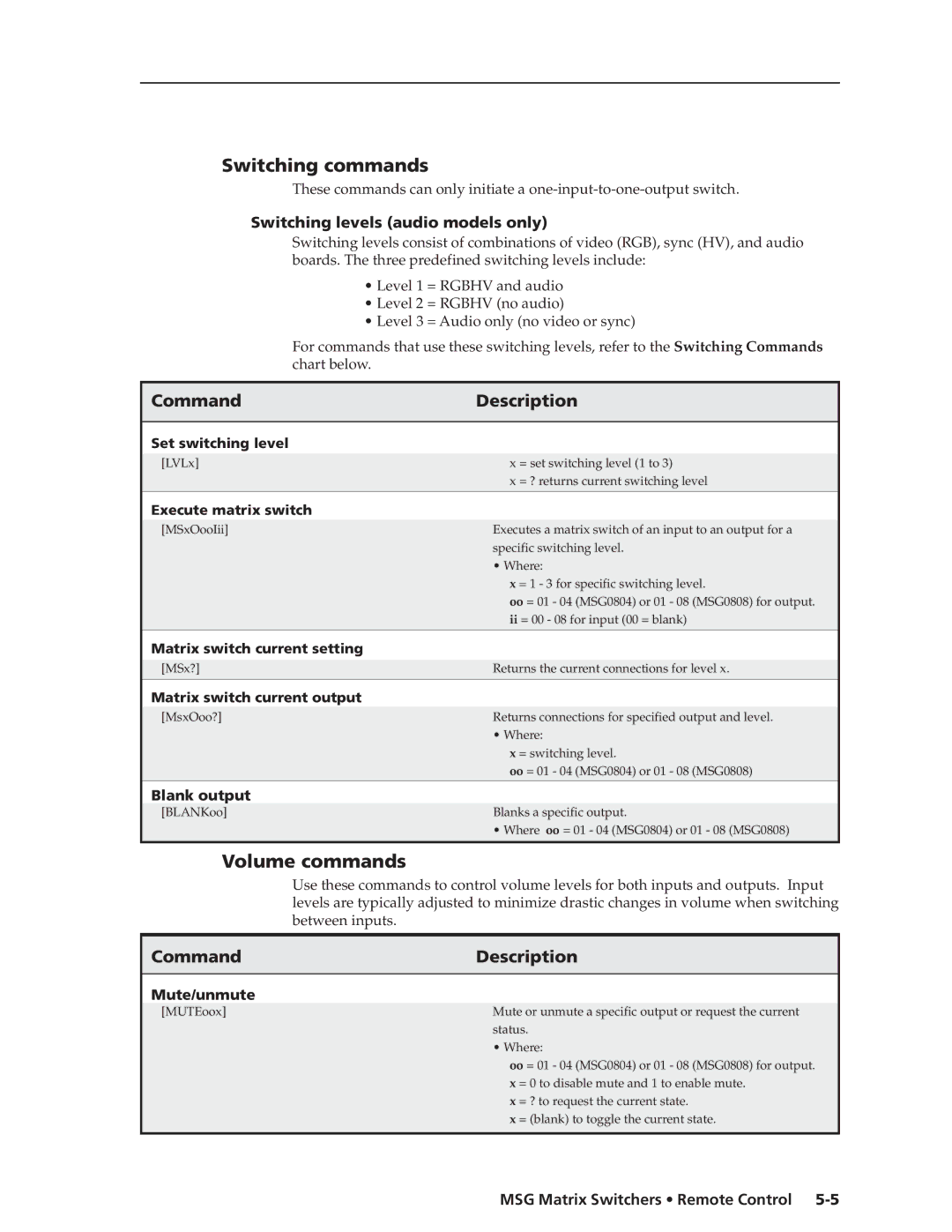 Extron electronic MSG0804, MSG0808 Switching commands, Volume commands, Switching levels audio models only, Blank output 