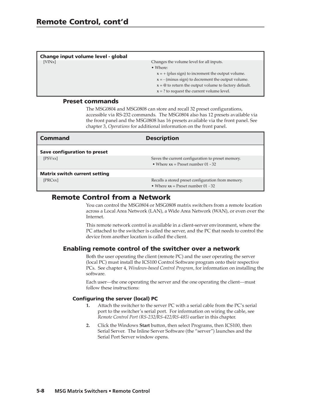 Extron electronic MSG0808, MSG0804 manual Remote Control from a Network, Preset commands, Change input volume level global 