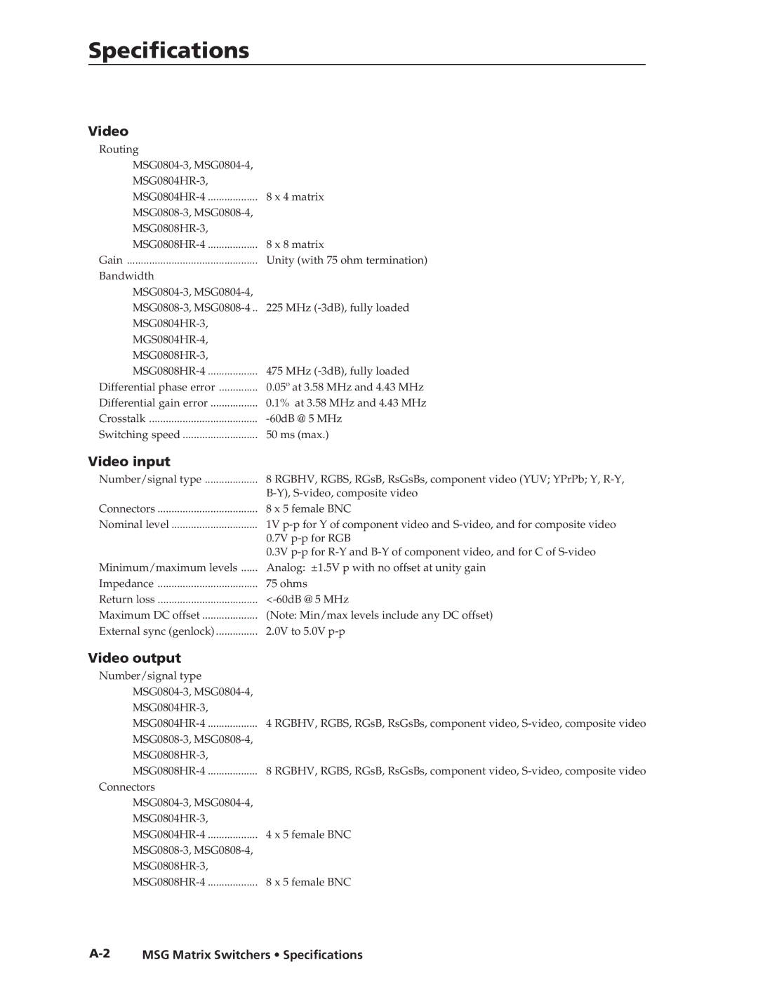 Extron electronic MSG0808, MSG0804 manual Specifications, Video input, Video output 