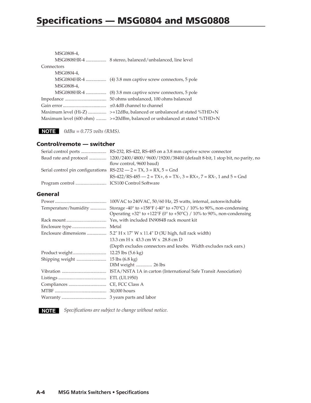 Extron electronic manual Specifications MSG0804 and MSG0808, Control/remote switcher, General 