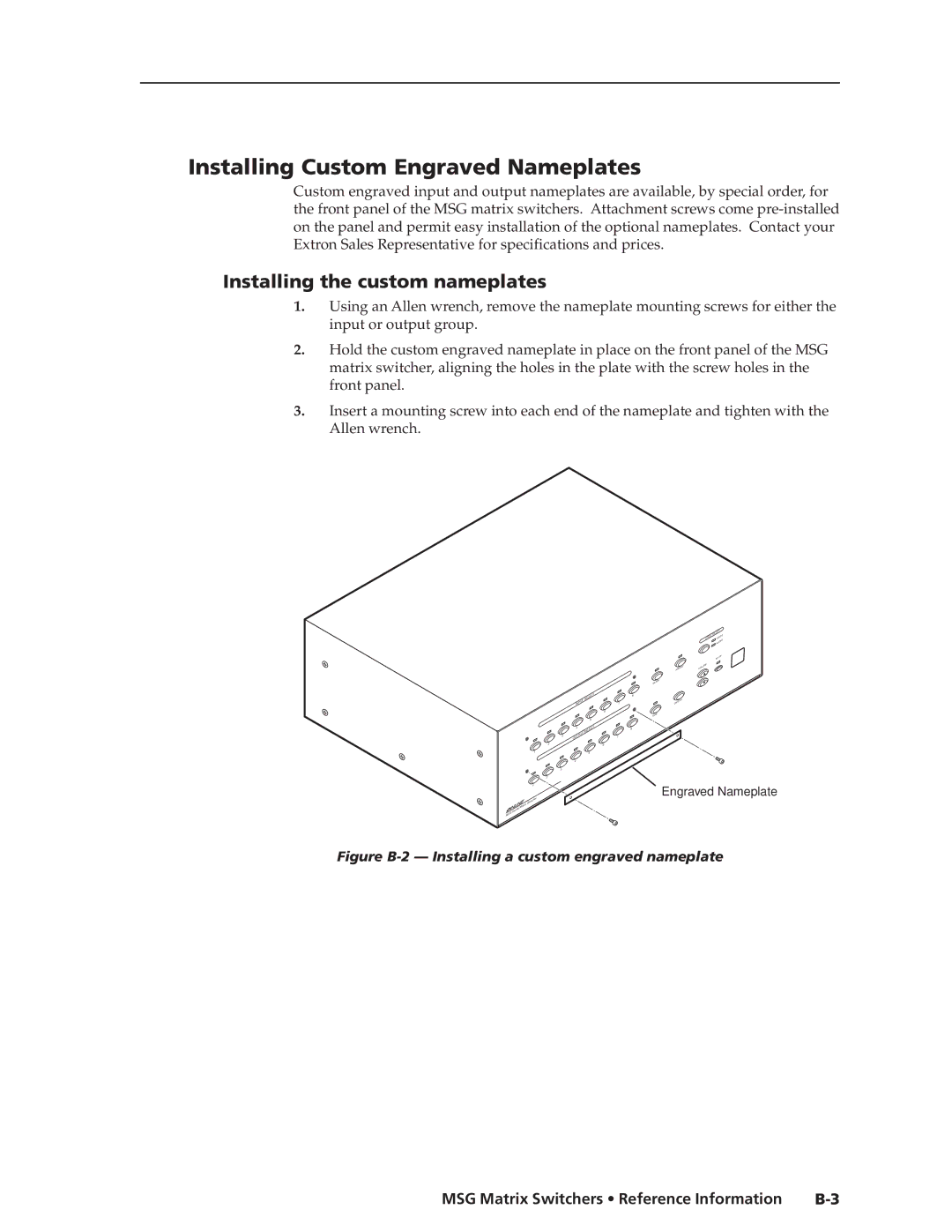 Extron electronic MSG0804, MSG0808 manual Installing Custom Engraved Nameplates, Installing the custom nameplates 