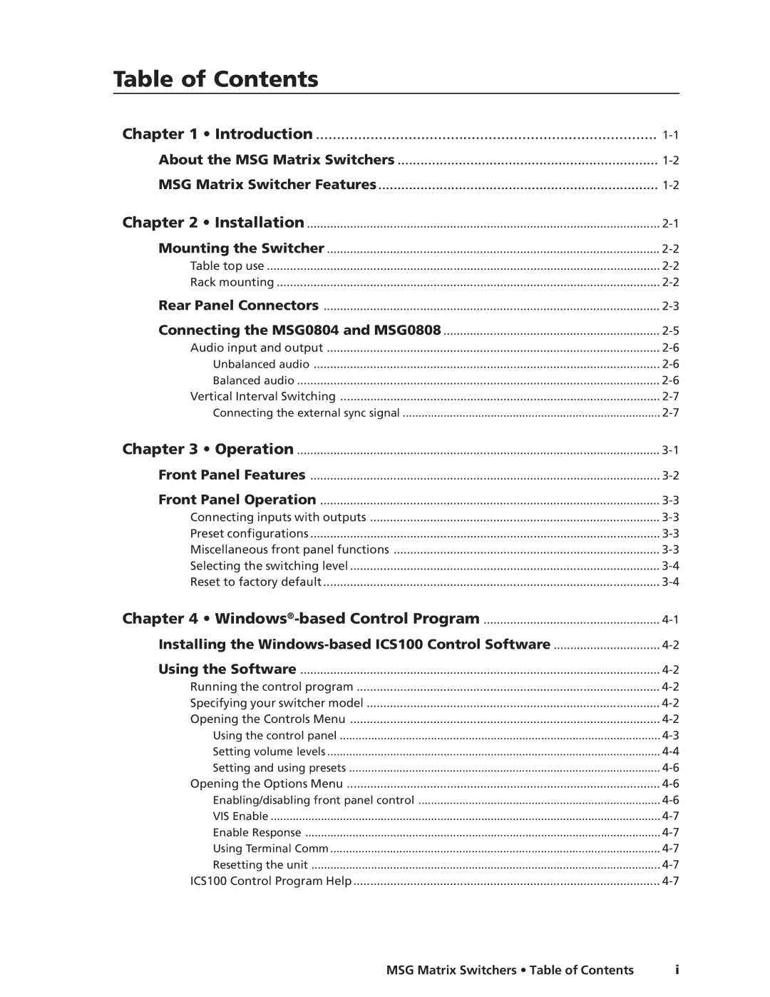 Extron electronic MSG0804, MSG0808 manual Table of Contents 