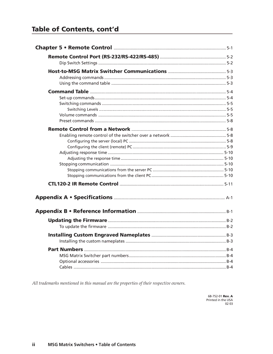 Extron electronic MSG0808, MSG0804 manual Table of Contents, cont’d 