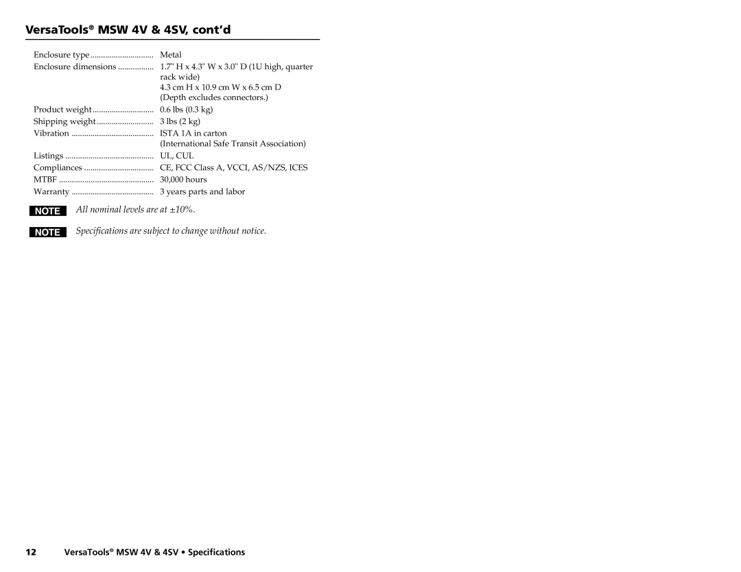 Extron electronic MSW 4SV, MSW 4V manual VersaToools MSW4V4V&&4SV4SVInstallationSpecifications 