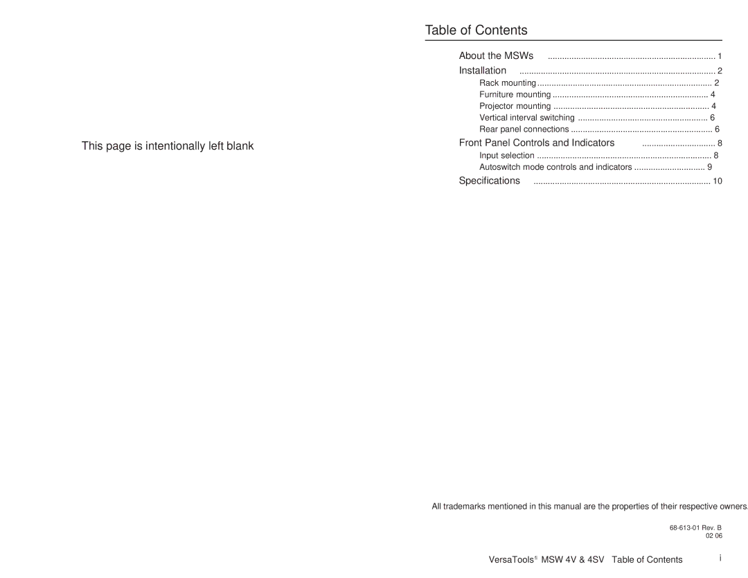 Extron electronic MSW 4V, MSW 4SV manual Table of Contents 