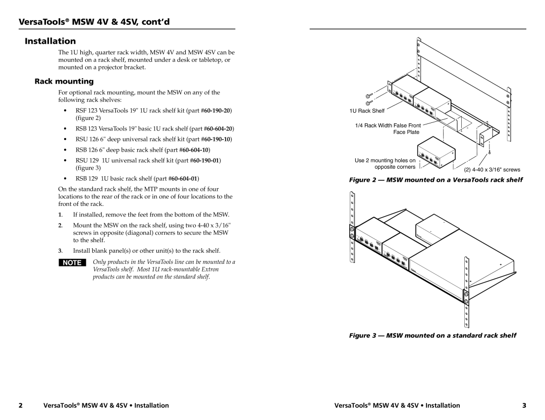 Extron electronic MSW 4SV manual VersaTools MSW 4V & 4SV, cont’d Installation, Rack mounting 