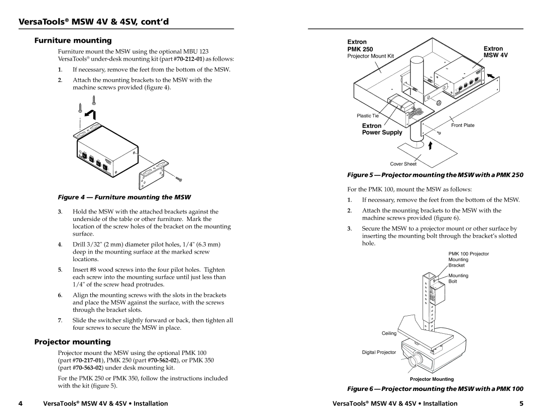 Extron electronic MSW 4SV manual VersaTools MSW 4V & 4SV, cont’d, Furniture mounting, Projector mounting 