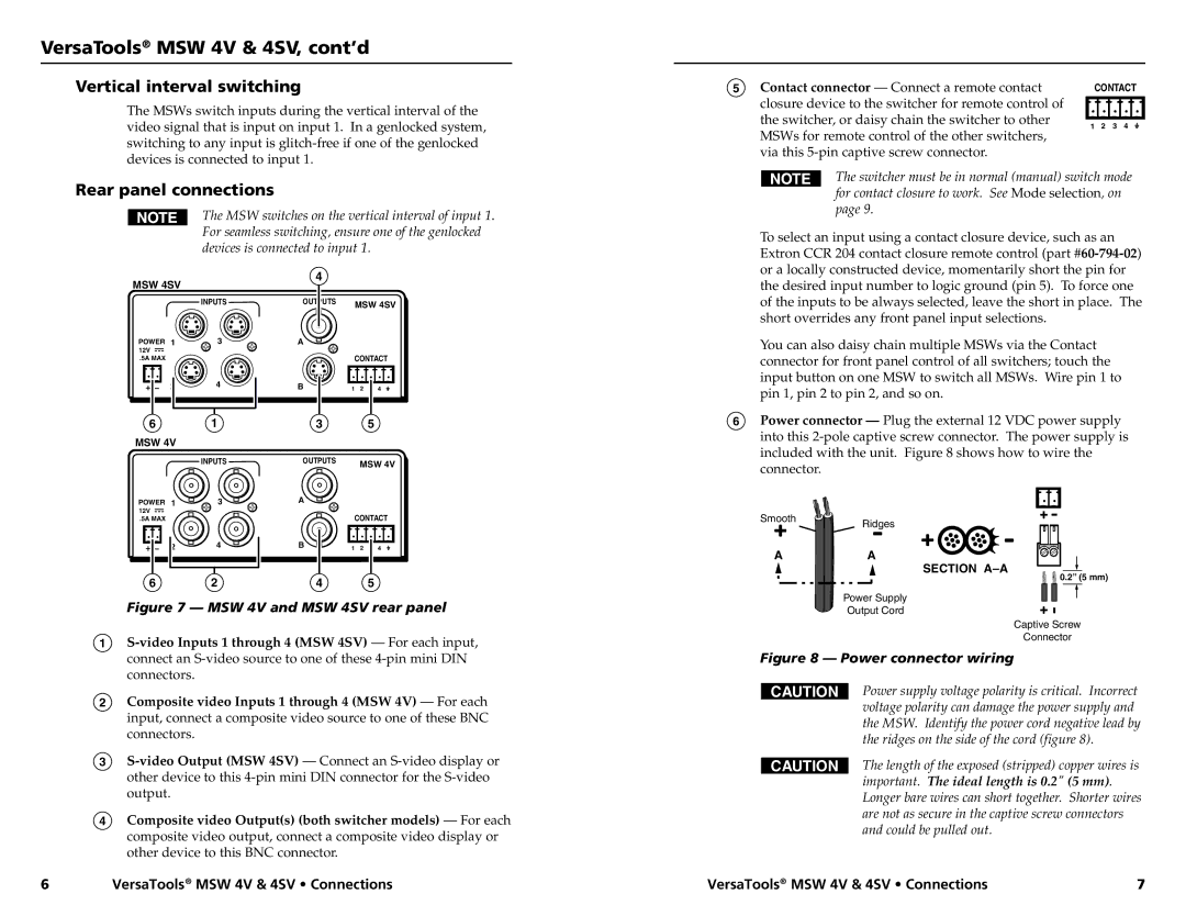 Extron electronic MSW 4V, MSW 4SV manual Vertical interval switching, Rear panel connections 