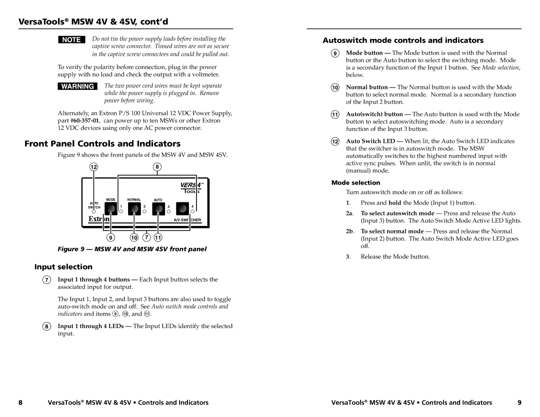 Extron electronic MSW 4SV Front Panel Controls and Indicators, Input selection, Autoswitch mode controls and indicators 