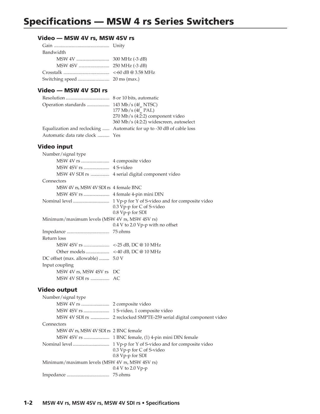 Extron electronic MSW 4SV RS specifications Specifications MSW 4 rs Series Switchers, Video MSW 4V rs, MSW 4SV rs 