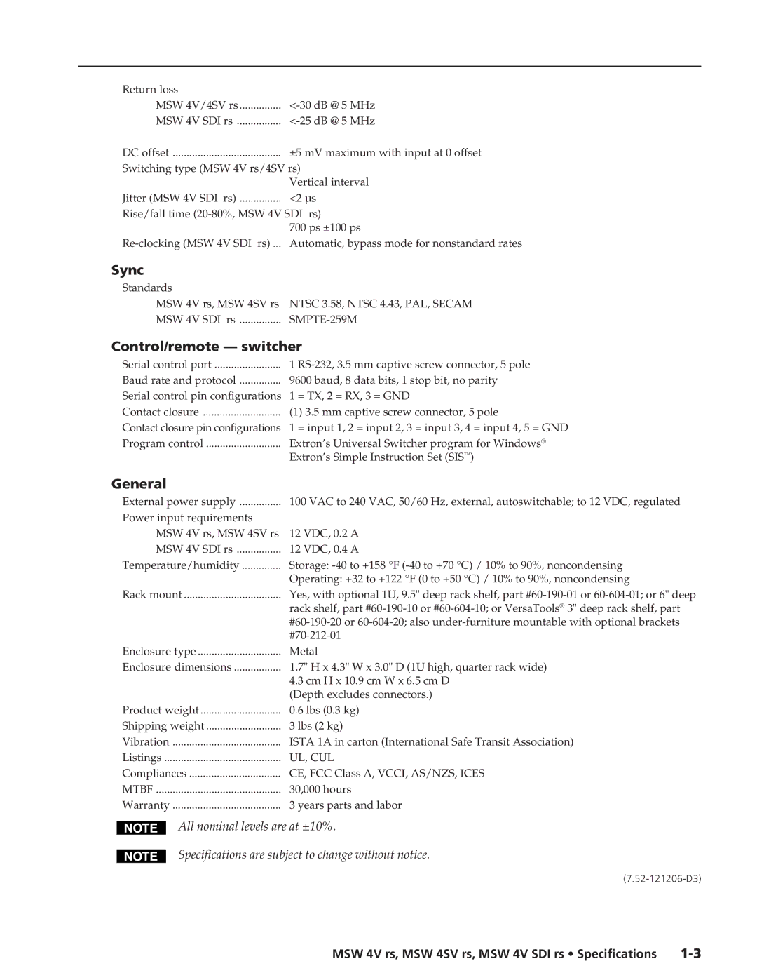 Extron electronic Sync, Control/remote switcher, General, MSW 4V rs, MSW 4SV rs, MSW 4V SDI rs Specifications 