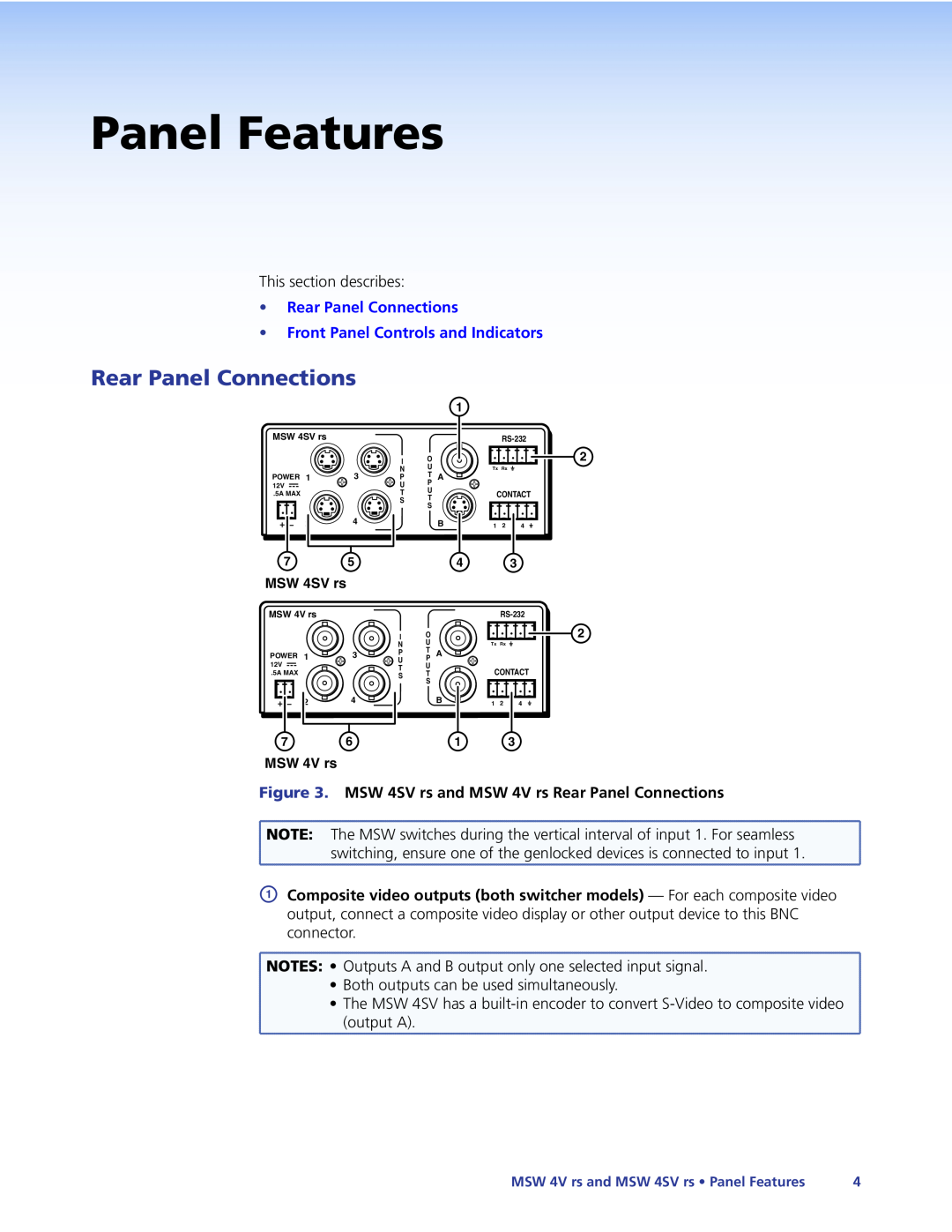 Extron electronic MSW 4SV RS manual Panel Features, MSW 4SV rs and MSW 4V rs Rear Panel Connections 