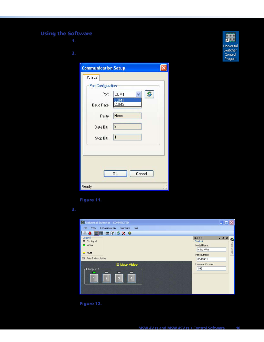 Extron electronic MSW 4V rs, MSW 4SV RS Using the Software, Communication Setup Window, Universal Switcher Output Window 