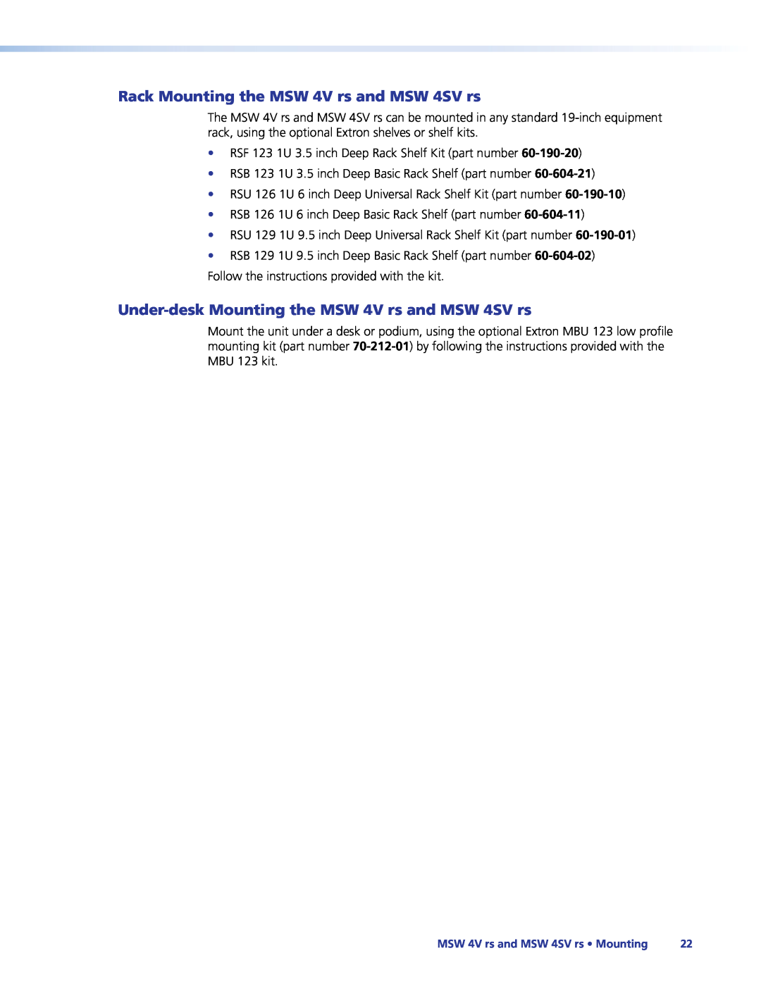 Extron electronic manual Rack Mounting the MSW 4V rs and MSW 4SV rs, Under-desk Mounting the MSW 4V rs and MSW 4SV rs 