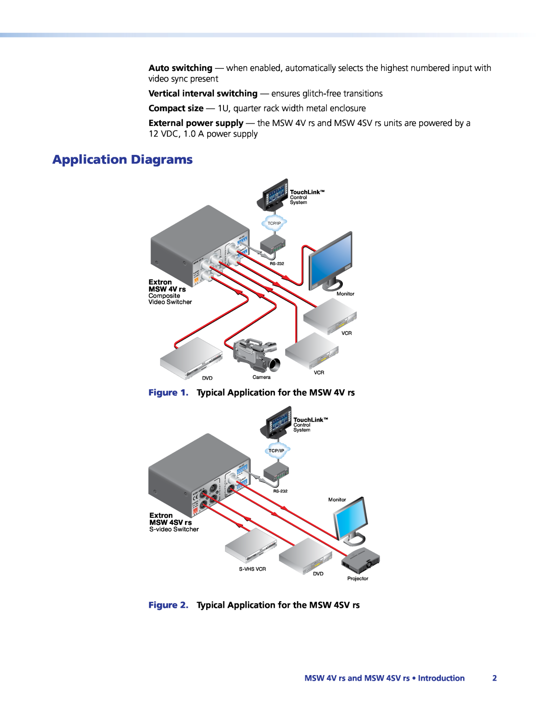 Extron electronic Application Diagrams, Typical Application for the MSW 4V rs, Typical Application for the MSW 4SV rs 