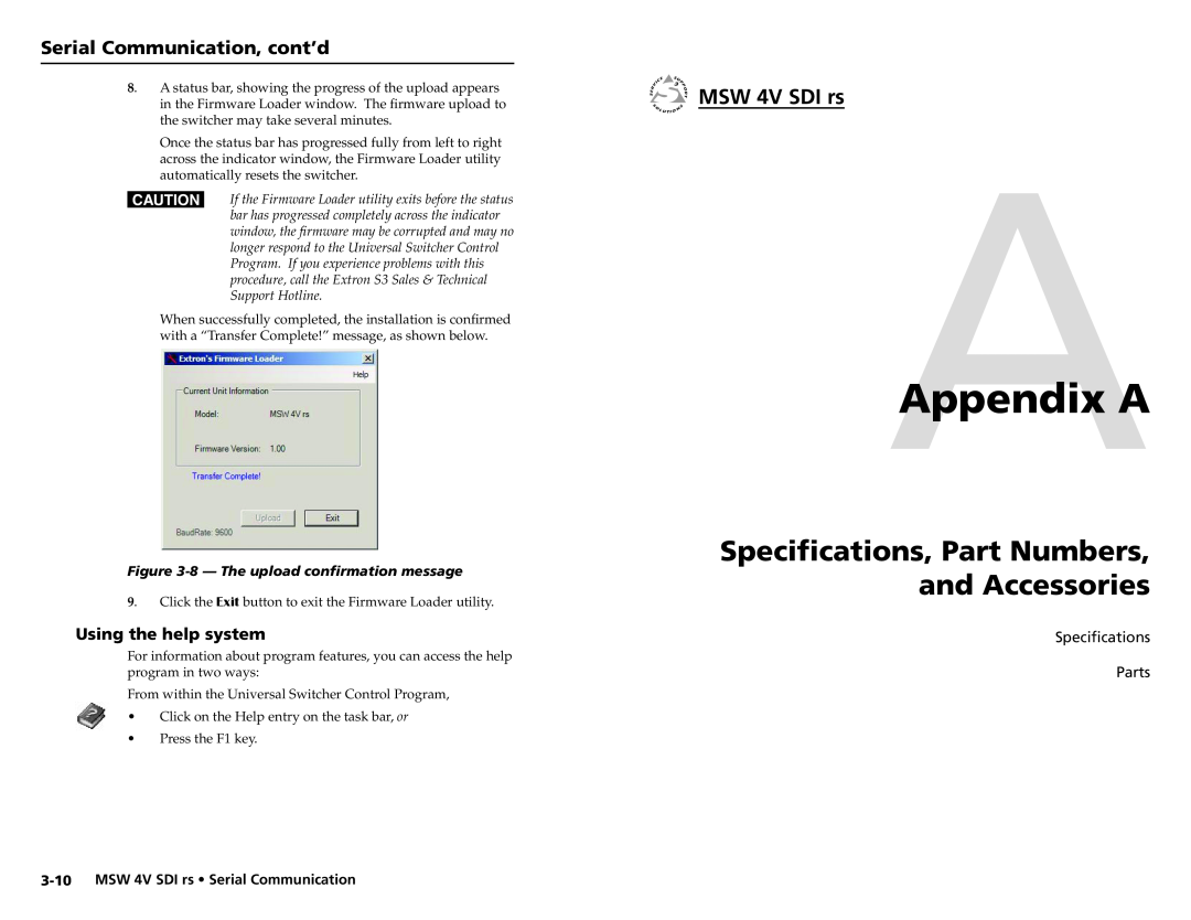 Extron electronic MSW 4V SDI rs AAppendix A, Specifications, Part Numbers, and Accessories, Using the help system 