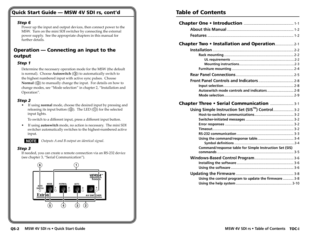 Extron electronic Table of Contents, Quick Start Guide - MSW 4V SDI rs, cont’d, Chapter Two Installation and Operation 